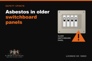 Illustration of an older switchboard panel with circuit breakers and a warning triangle