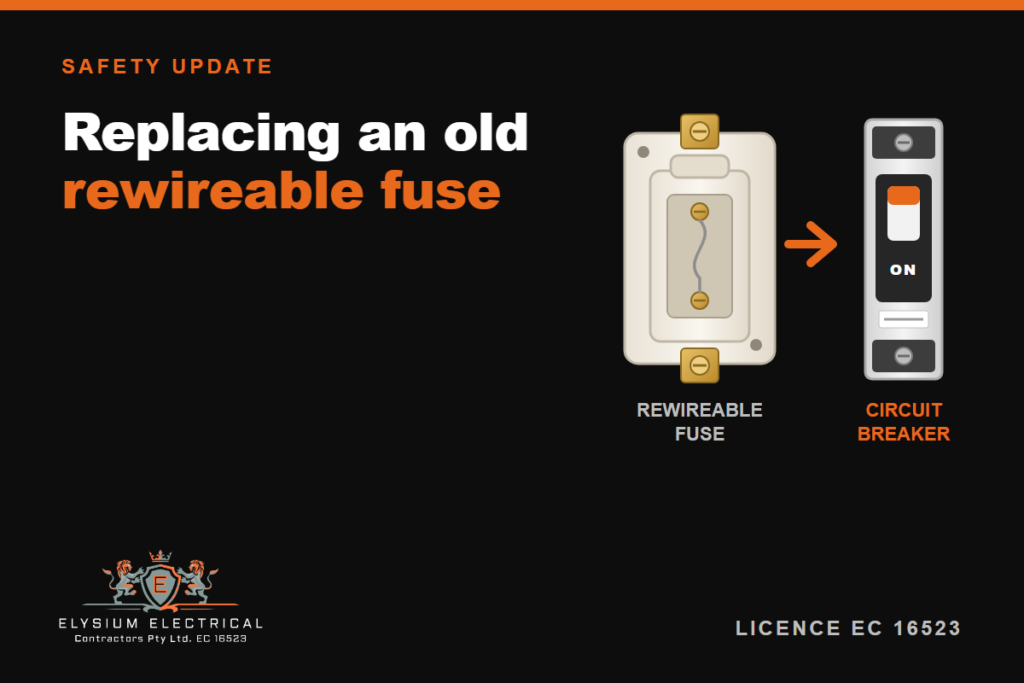 Illustration of a porcelain rewireable fuse with brass terminals next to a circuit breaker
